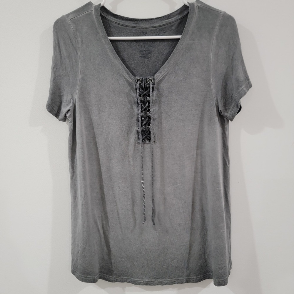 American Eagle Soft And Sexy Womens Top‎ Size Medium Gray Grunge Lace Up Peasant